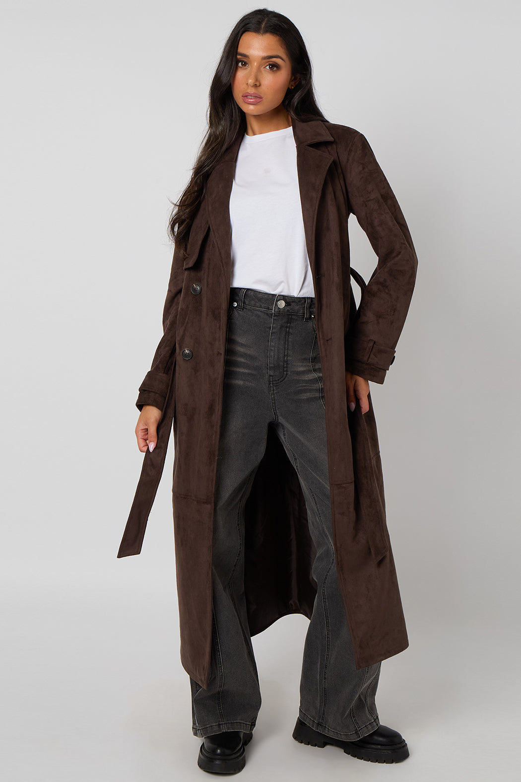 Chocolate Faux Suede Trench Coat 40JKT37124-c24