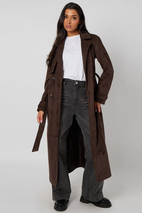 Chocolate Faux Suede Trench Coat by Urban Bliss