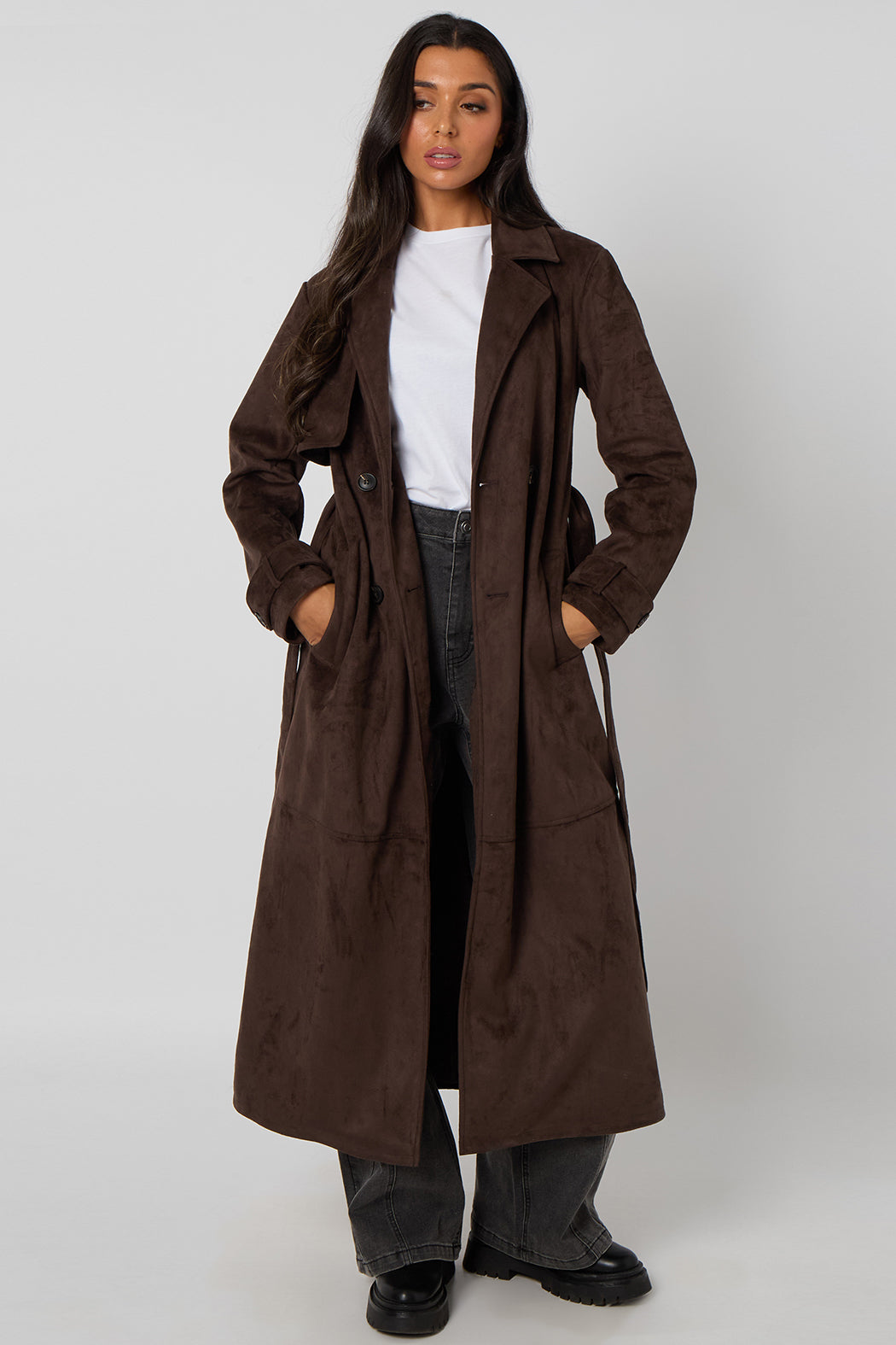 Chocolate Faux Suede Trench Coat 40JKT37124-c24