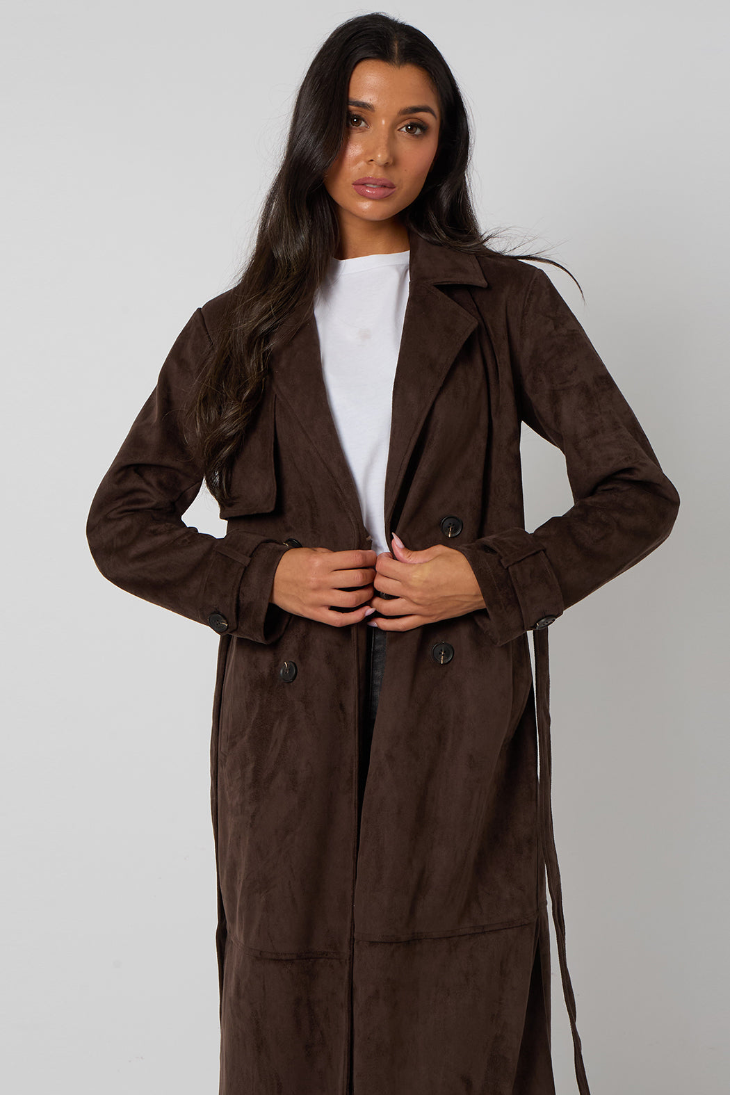 Chocolate Faux Suede Trench Coat 40JKT37124-c24