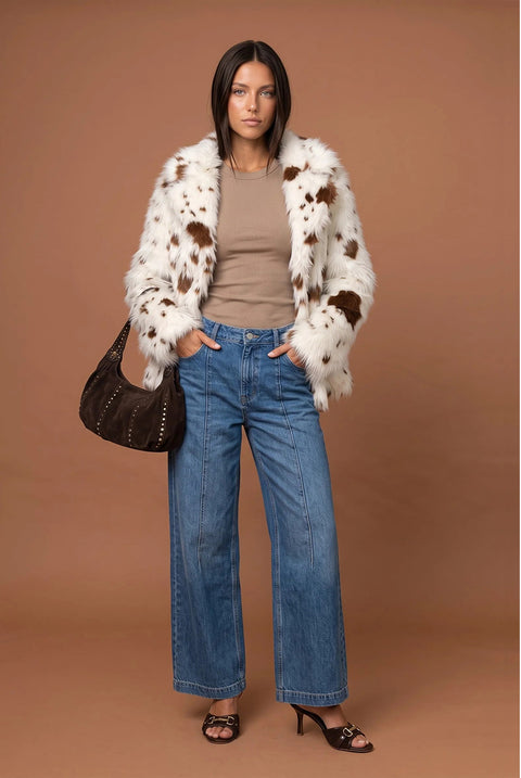Cow Print Faux Fur Jacket by Urban Bliss
