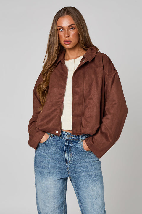 Chocolate Suede Collared Bubble Hem Jacket by Urban Bliss