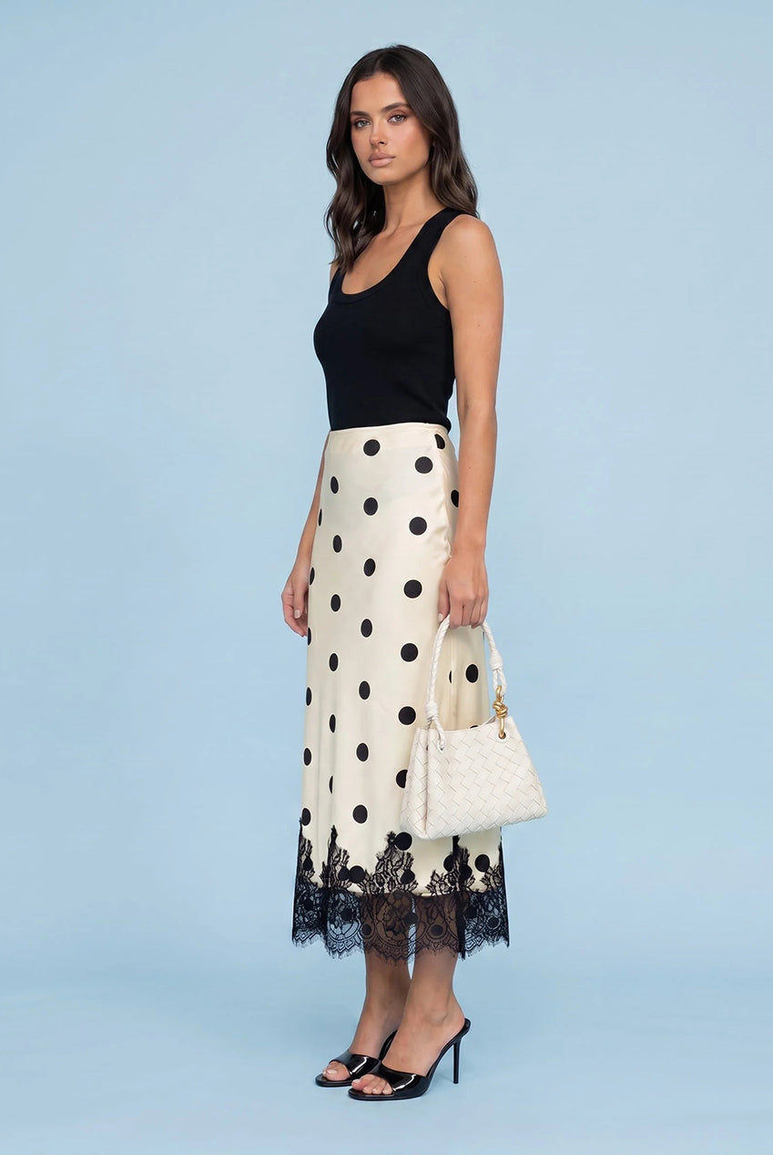 Lace Trim Spot Maxi Skirt White Pattern 40SKT39989