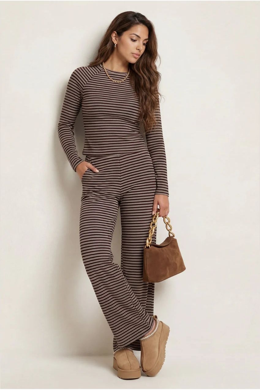 Jersey Long Sleeved Striped Top Chocolate 40TOP33664-c24