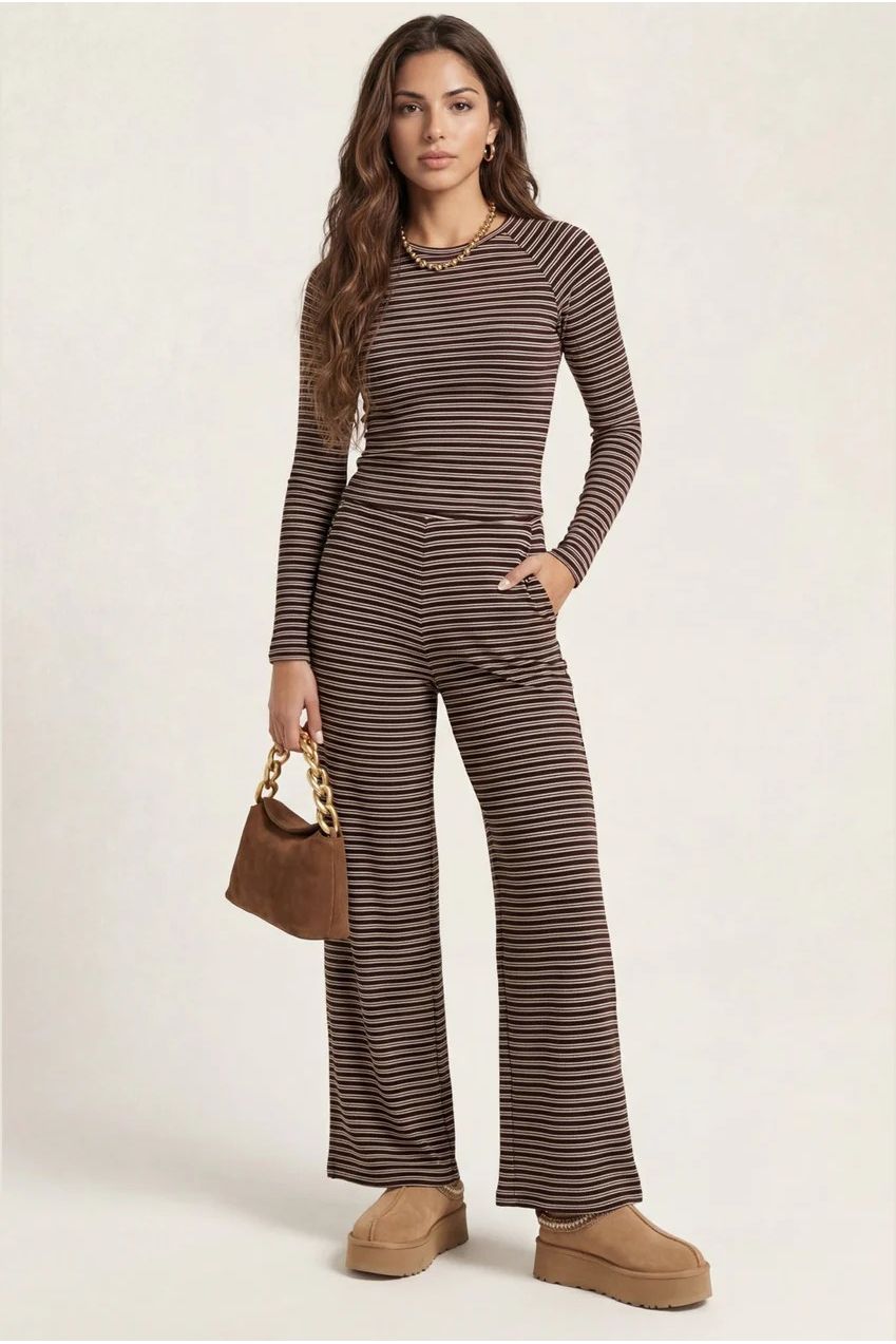 Jersey Long Sleeved Striped Top Chocolate 40TOP33664-c24