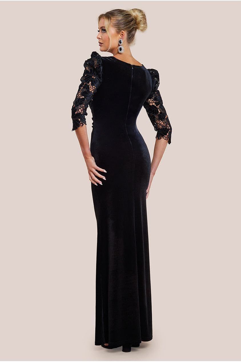 Scalloped Velvet Crochet Maxi Dress - Black DR4386