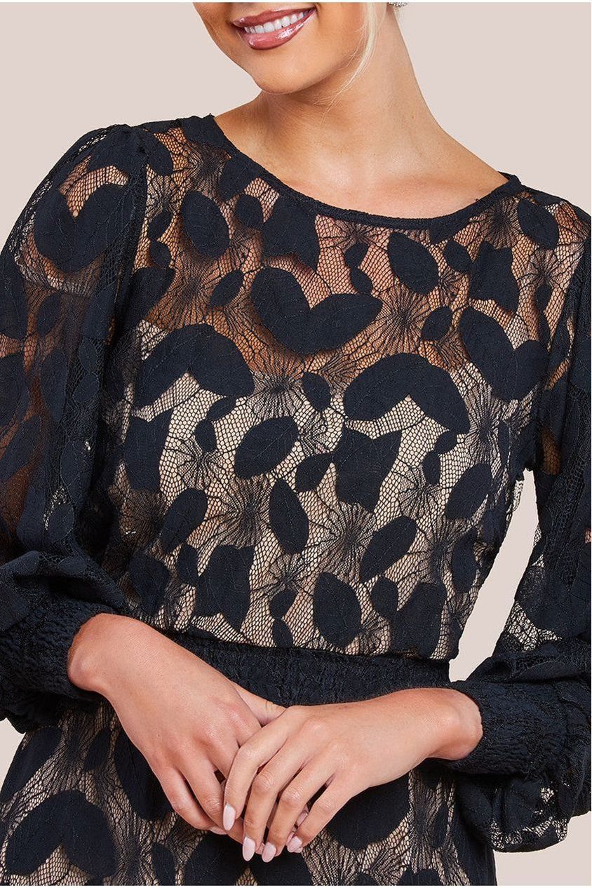 Lace Front Split Long Sleeve Maxi Dress - Black DR4476