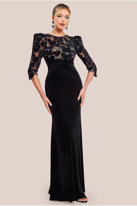 Scalloped Velvet Crochet Maxi Dress - Black by Goddiva
