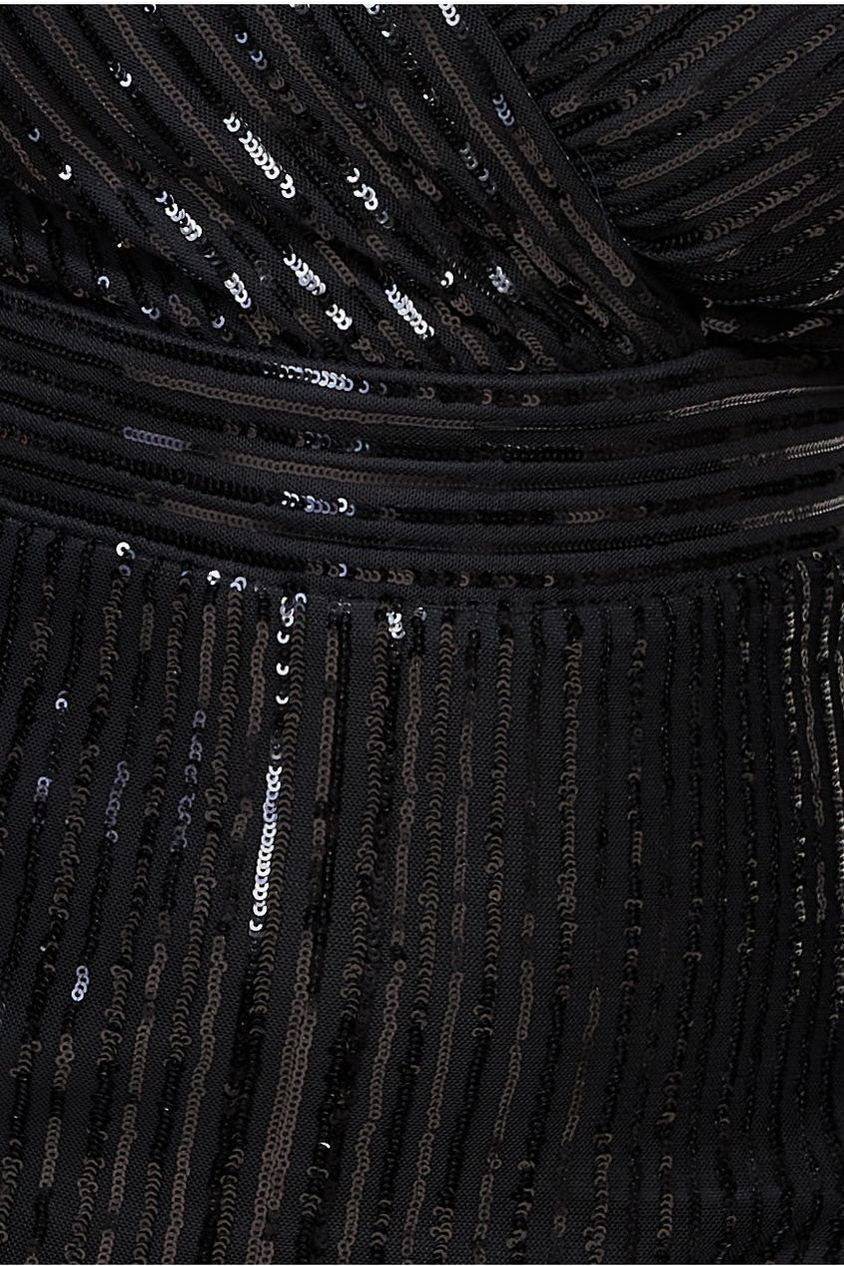 Long Sleeve Sequin V Wrap Maxi Dress - Black DR3485