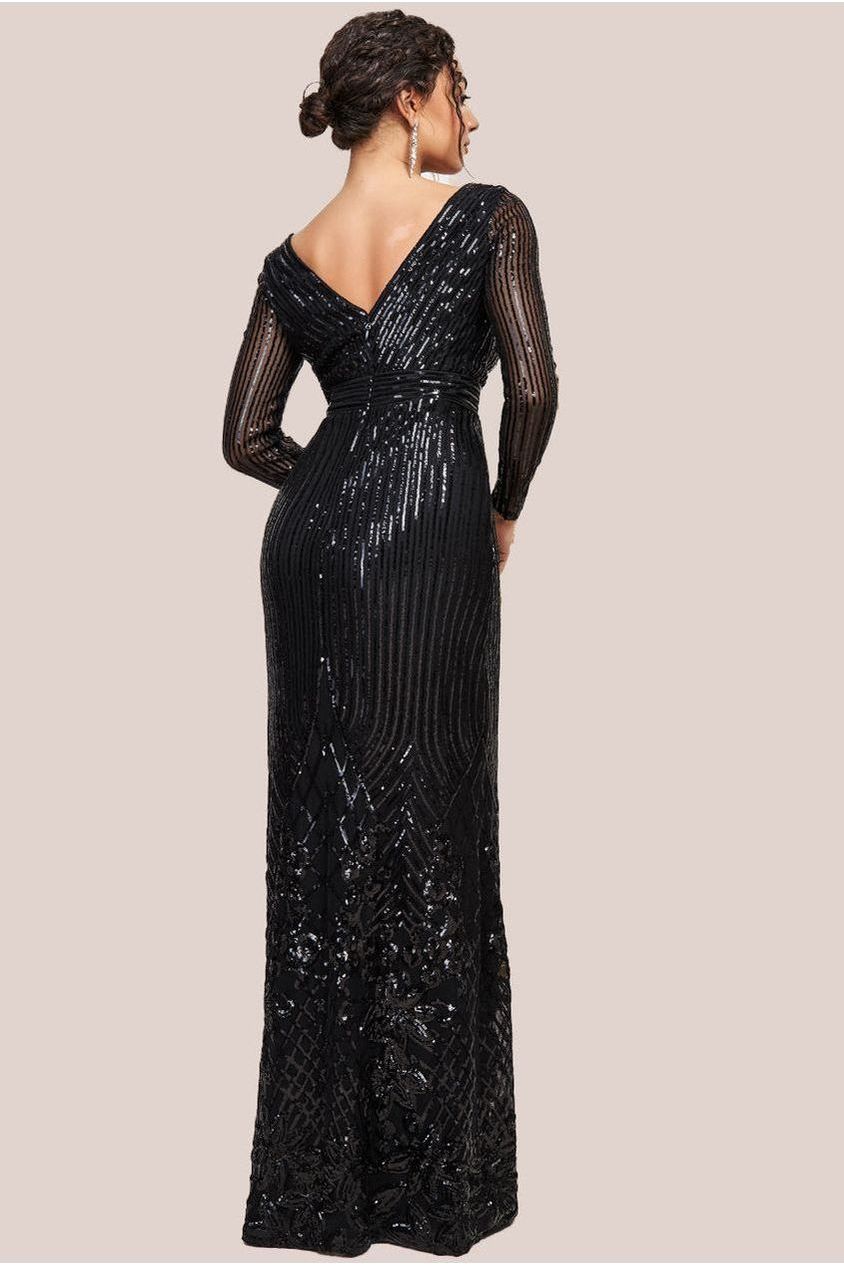 Long Sleeve Sequin V Wrap Maxi Dress - Black DR3485