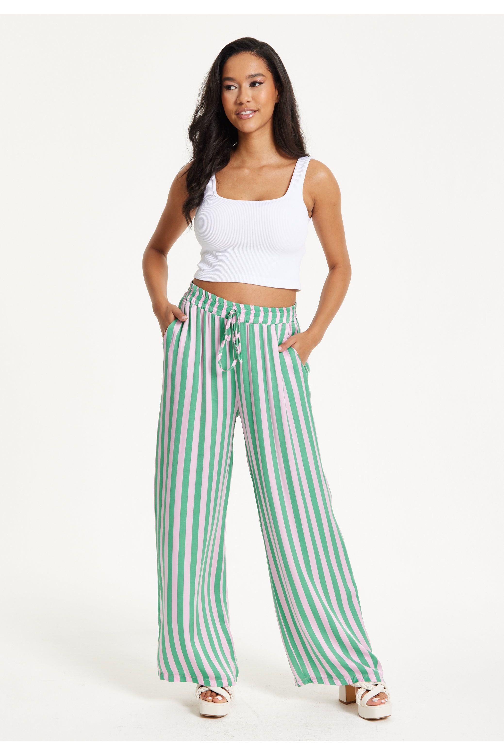 Green And Purple Striped Wide Leg Trousers 25SS8841010