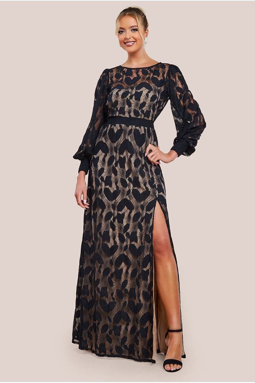 Lace Front Split Long Sleeve Maxi Dress - Black DR4476