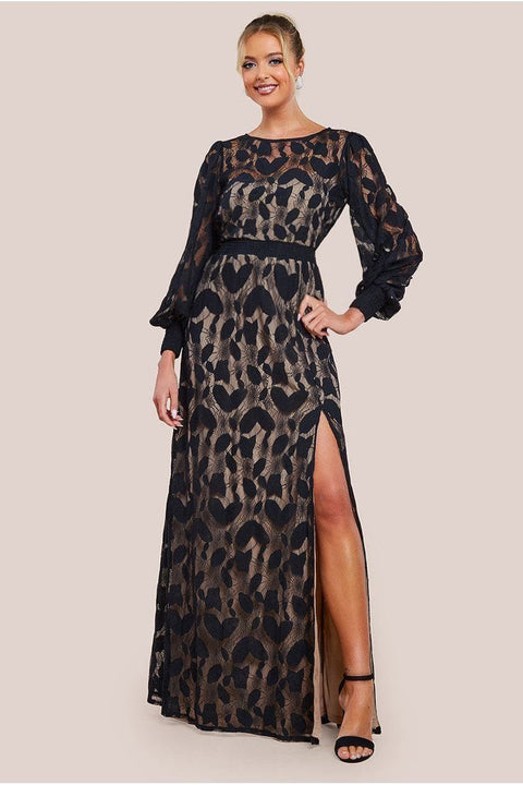 Lace Front Split Long Sleeve Maxi Dress - Black by Goddiva