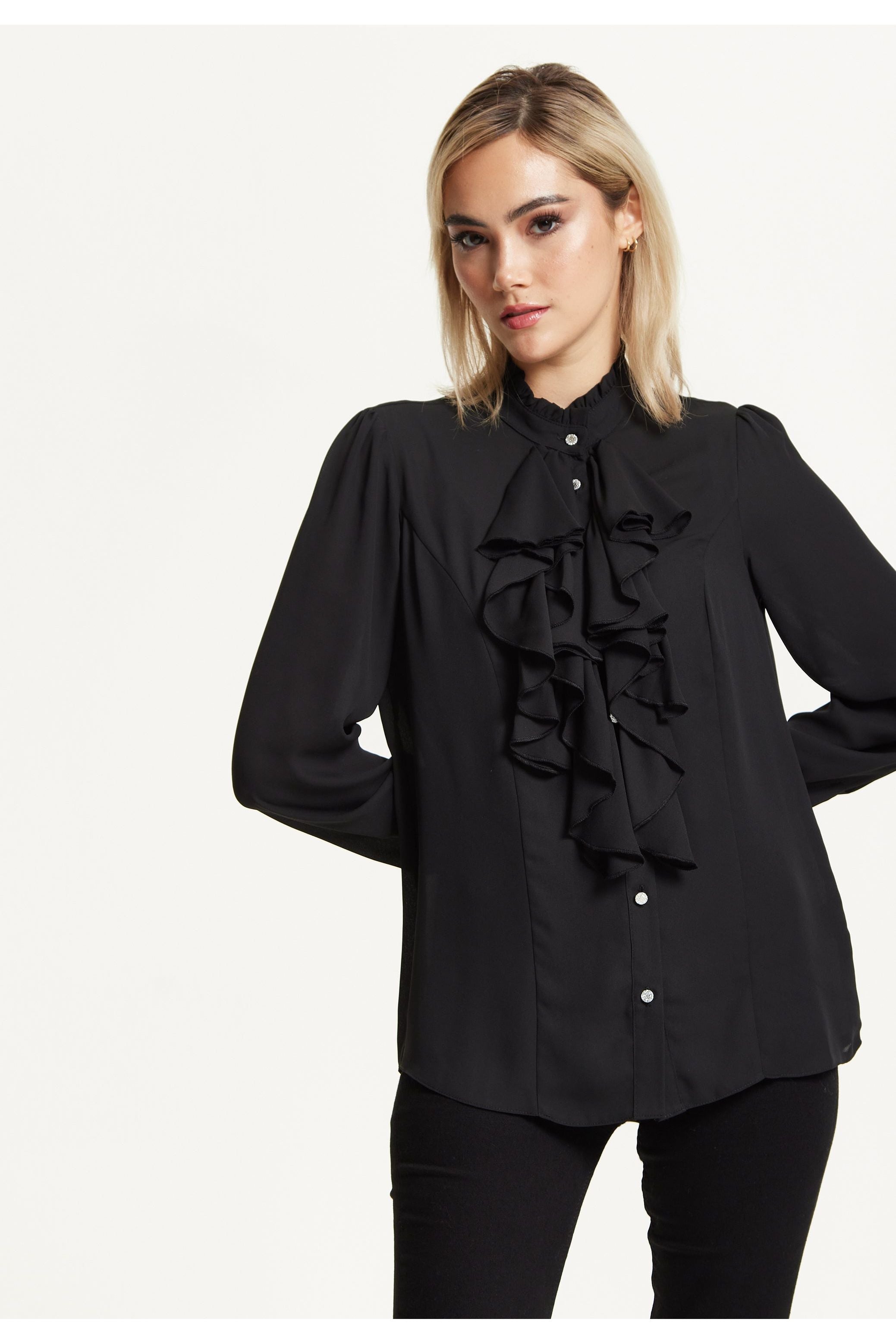 Black Ruffle Front Blouse 25AW-43001
