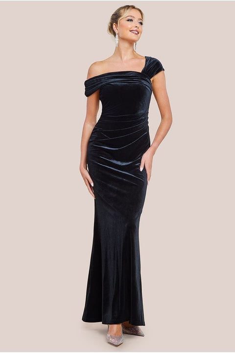 One Shoulder Velvet Maxi Dress - Black by Goddiva