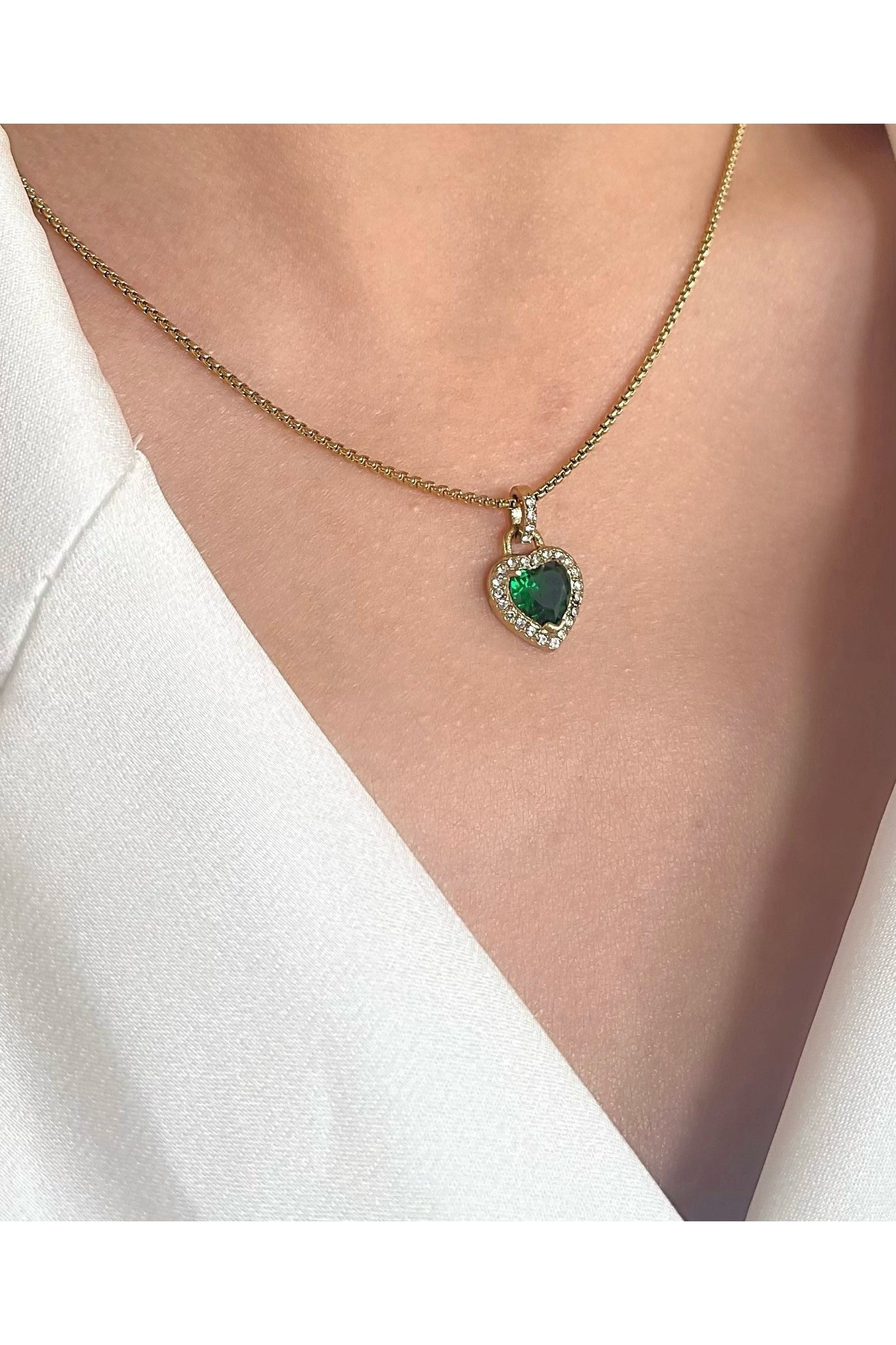 Emerald Green Diamante Heart Necklace And Earrings Set In Gold JE400424