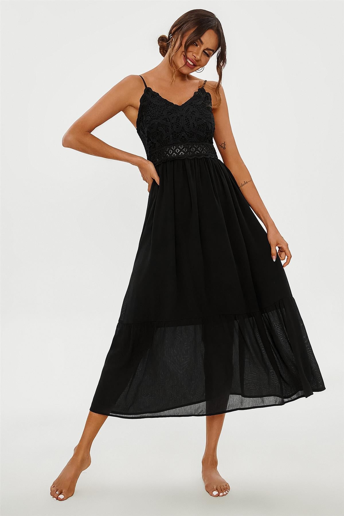 Lace Embroidery Anglaise Maxi Slip Dress In Black FS668