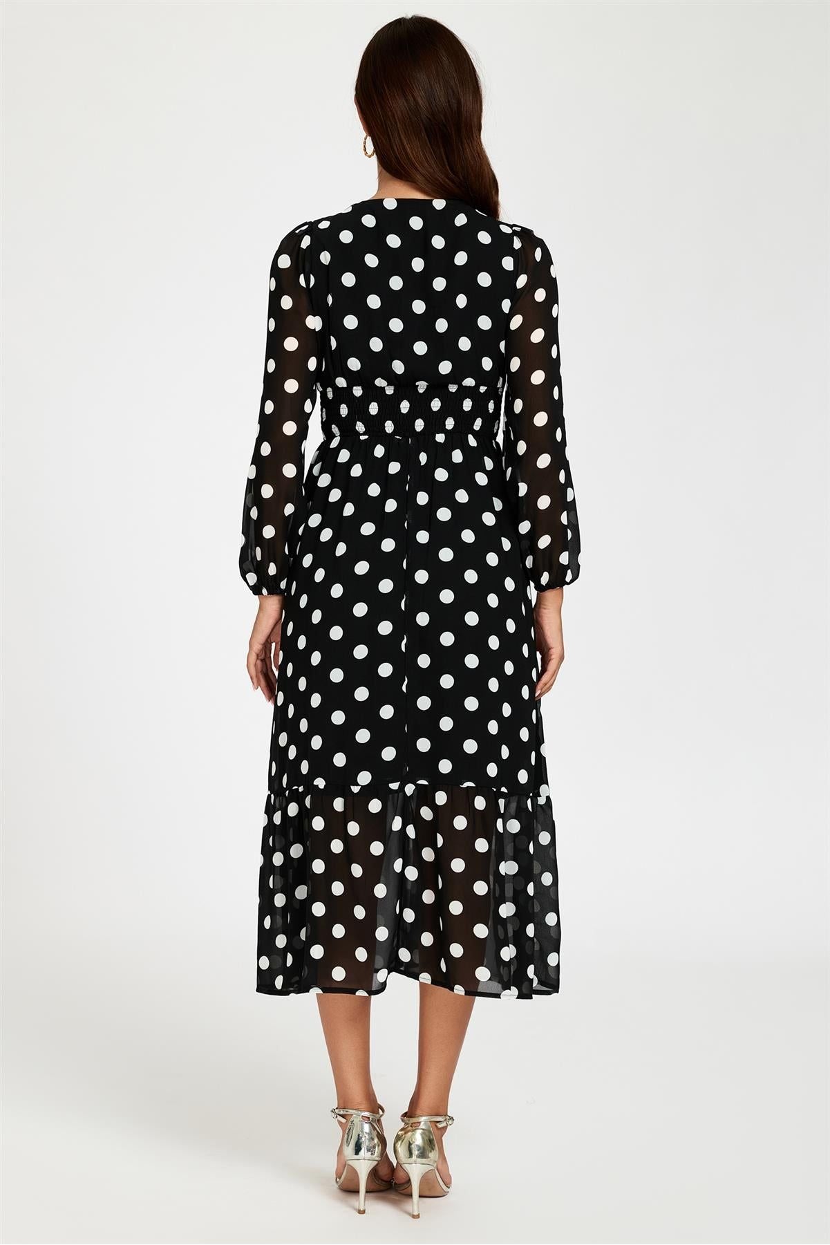 Dot Print Lace Trim Long Sleeve Maxi Dress In Black FS565-BWP
