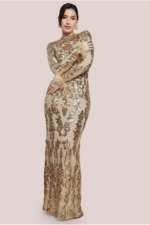 Sequin High Neck Feather Cuff Maxi Dress - Gold by Goddiva