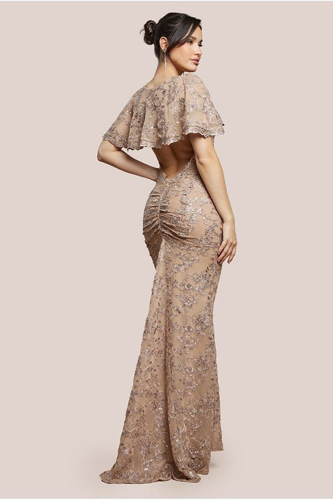 Scalloped Cape Open Back Lace & Sequin Maxi Dress - Champagne by Goddiva