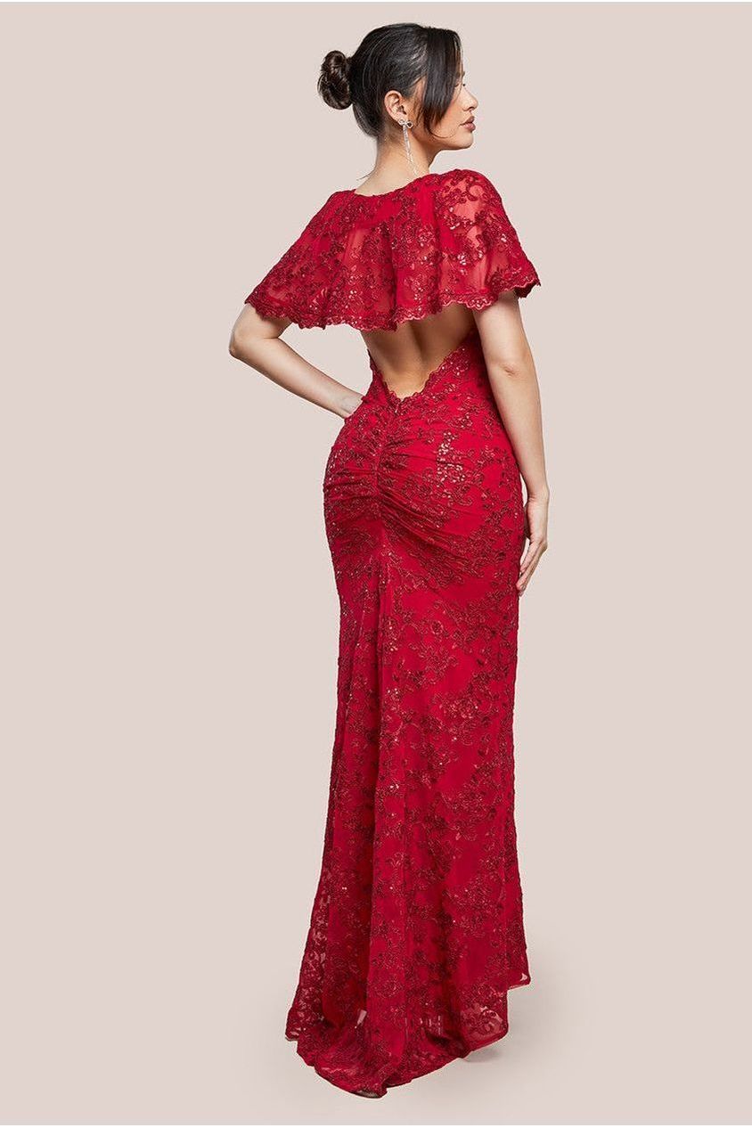 Scalloped Cape Open Back Lace & Sequin Maxi Dress - Red DR4252
