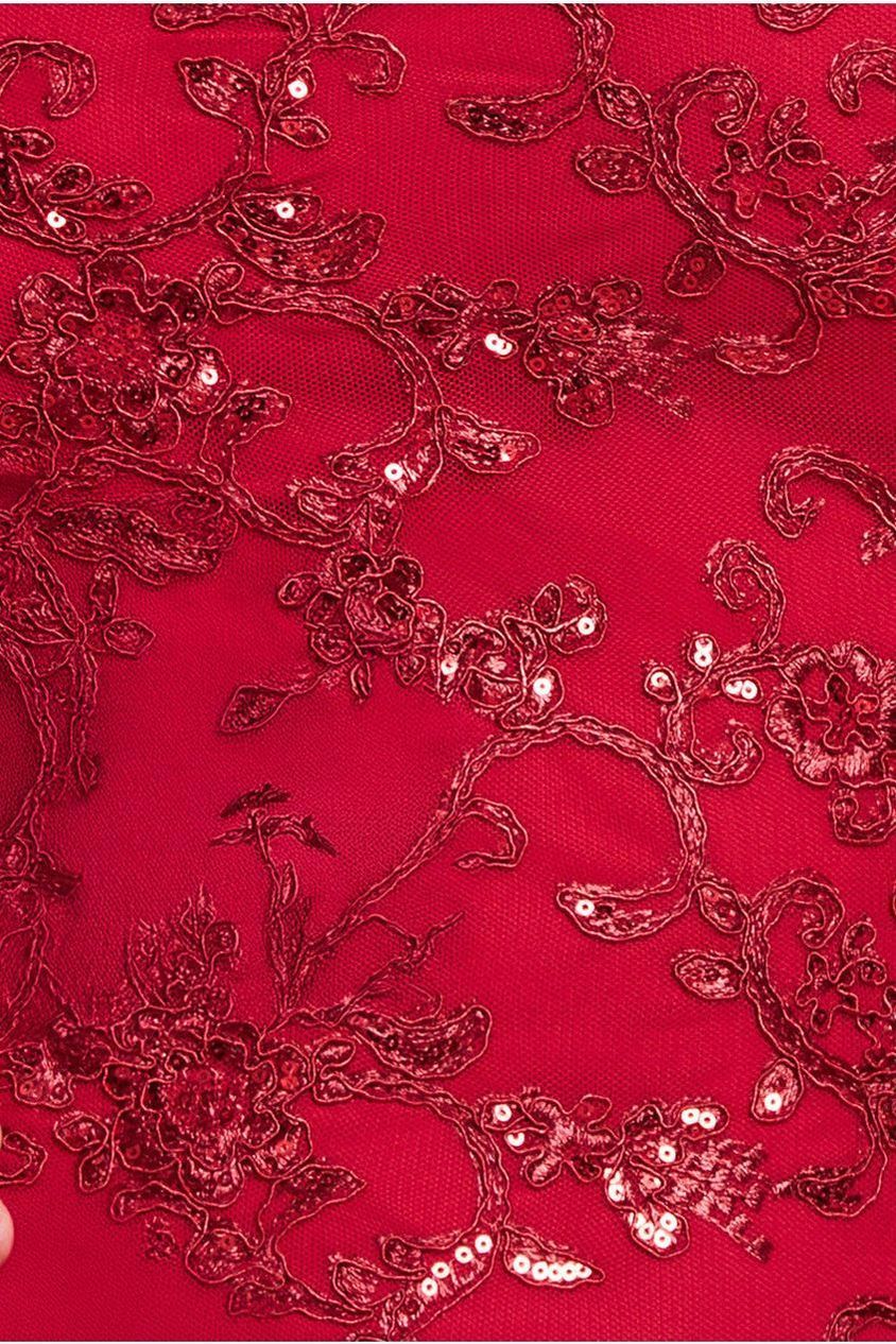 Scalloped Cape Open Back Lace & Sequin Maxi Dress - Red DR4252