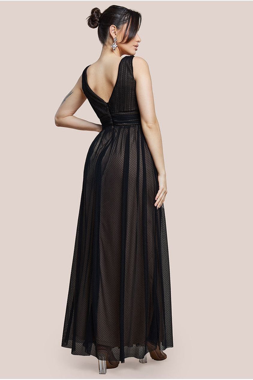 Sleeveless Pleated Dobby Mesh Corsage Maxi Dress - Black DR4294