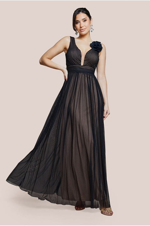 Sleeveless Pleated Dobby Mesh Corsage Maxi Dress - Black by Goddiva