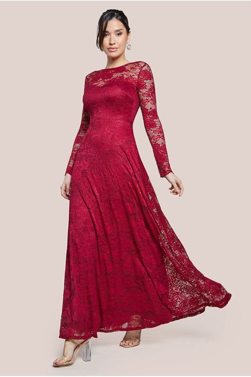 Scalloped Lace A-Line Maxi Dress - Wine DR4496
