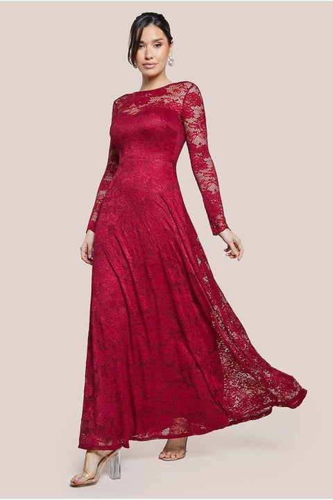 Scalloped Lace A-Line Maxi Dress - Wine by Goddiva