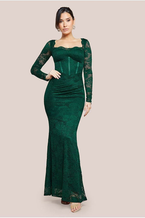 Scalloped Lace Corset Bodice Maxi Dress - Emerald Green by Goddiva