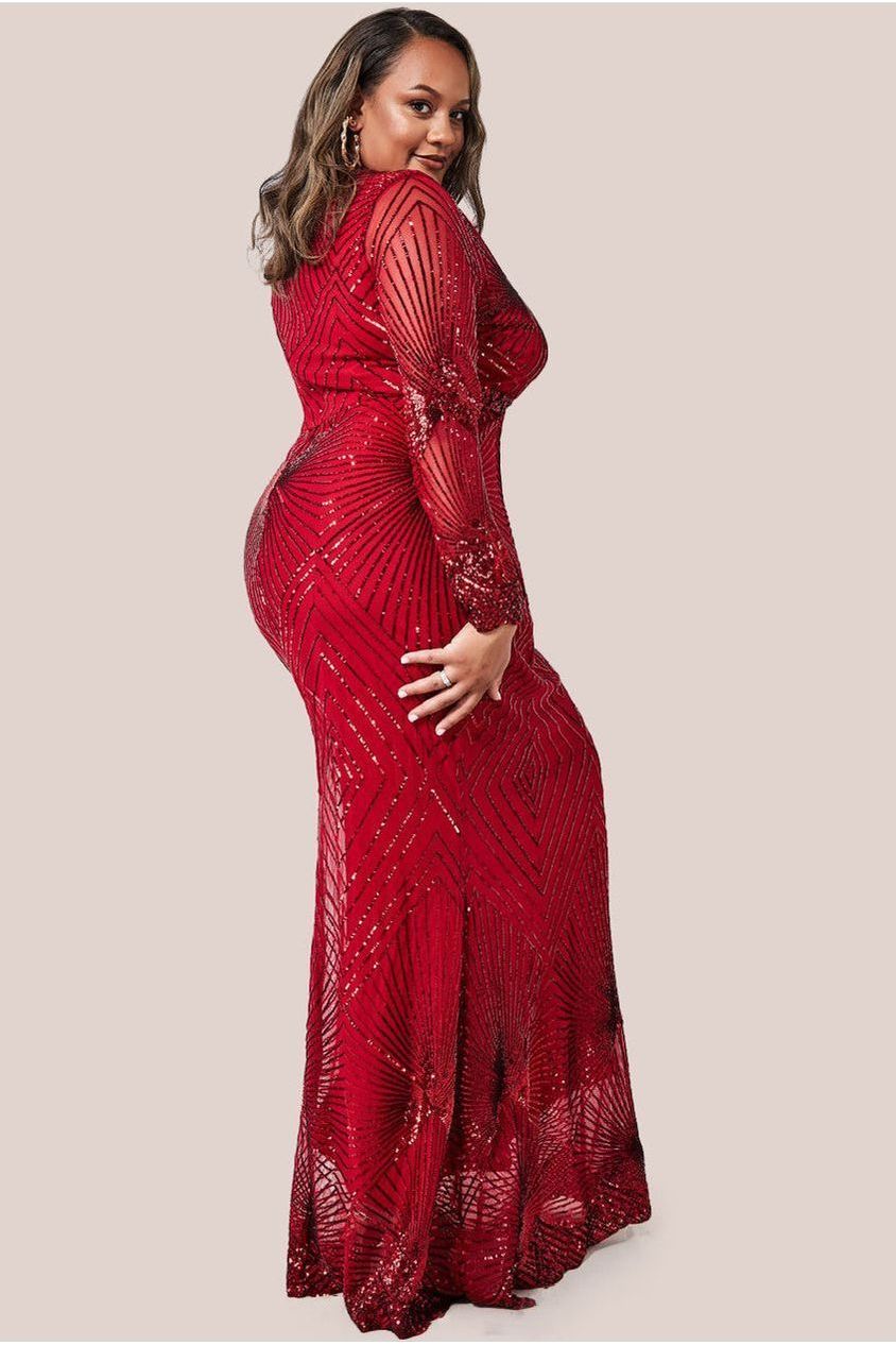 Starburst Sequin Maxi Dress - Red DR1824PLUS