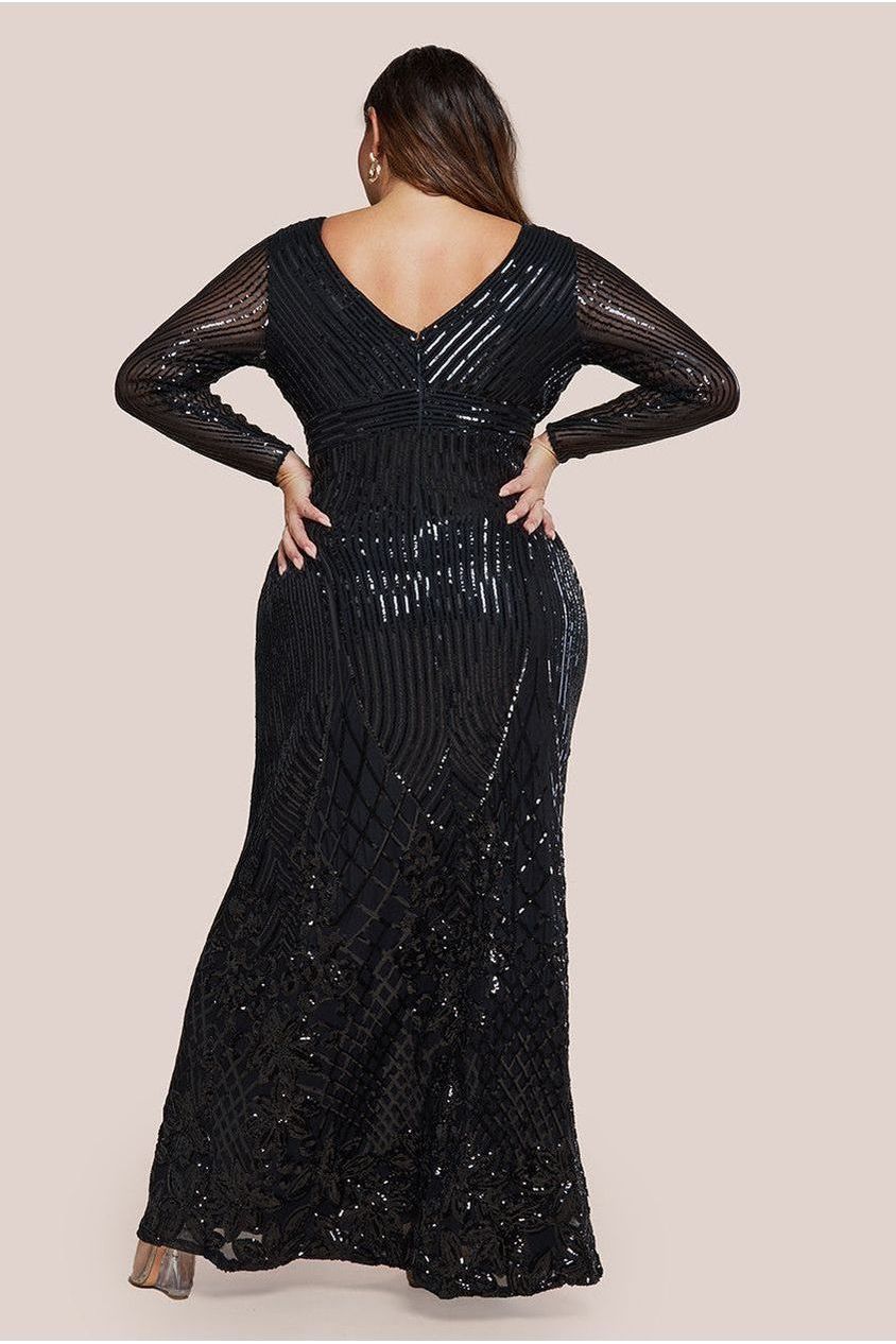 Long Sleeve Sequin V Wrap Maxi Dress - Black DR3485PLUS