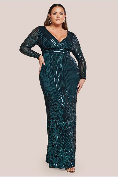 Long Sleeve Sequin V Wrap Maxi Dress - Emerald Green by Goddiva Plus