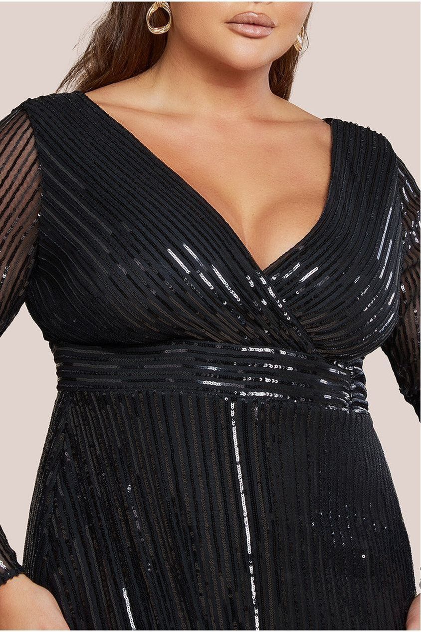 Long Sleeve Sequin V Wrap Maxi Dress - Black DR3485PLUS