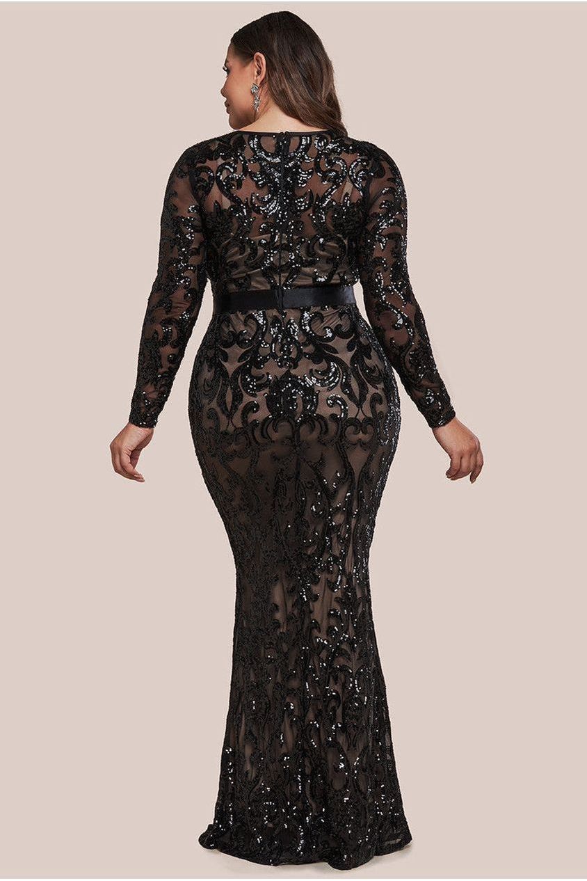 Embroidered Sequin & Mesh Maxi Dress - Black DR2558PLUS
