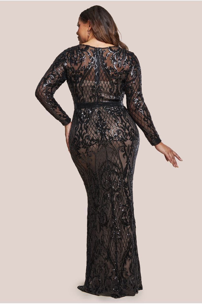 Sequin Square Neck Maxi With Scallop Hem - Black DR4038PLUS