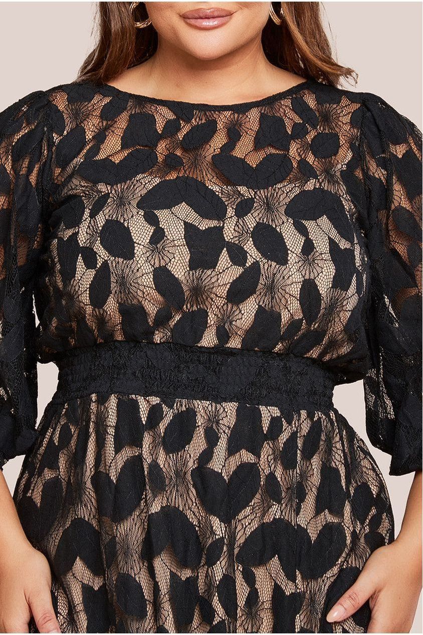 Lace Front Split Long Sleeve Maxi Dress - Black DR4476PLUS