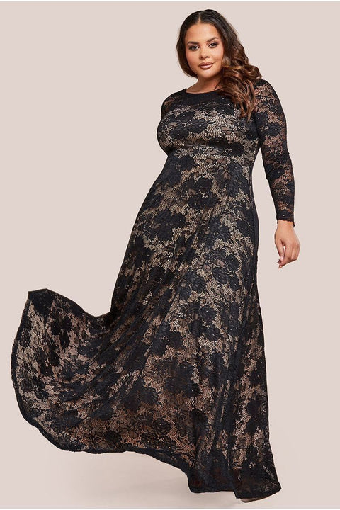 Scalloped Lace A-Line Maxi Dress - Black by Goddiva Plus