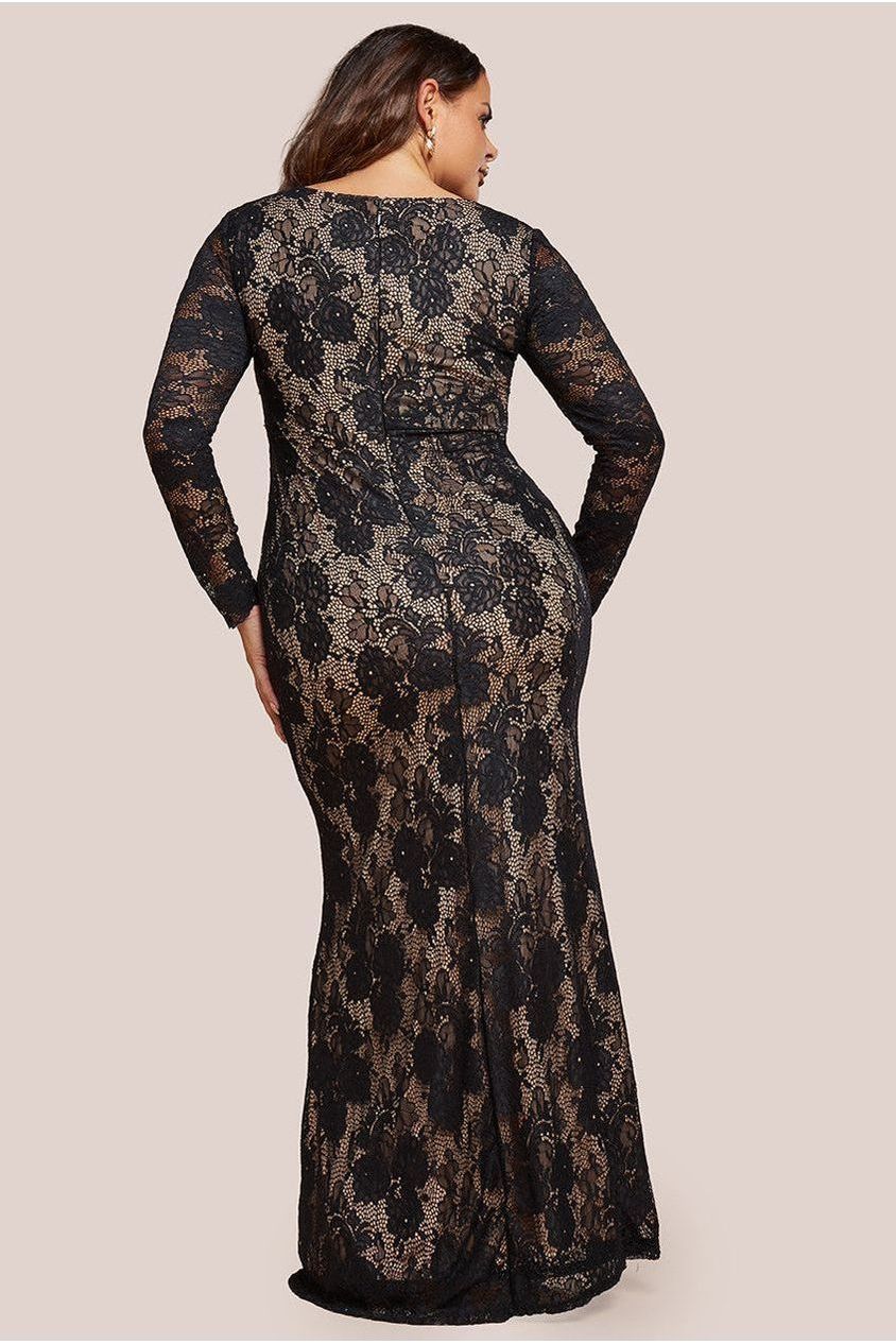 Scalloped Lace Corset Bodice Maxi Dress - Black DR4519PLUS