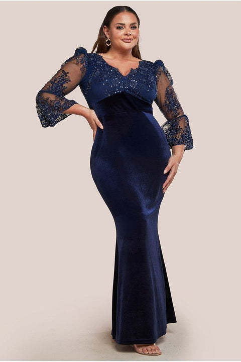Scalloped Lace & Velvet Maxi Dress - Navy by Goddiva Plus