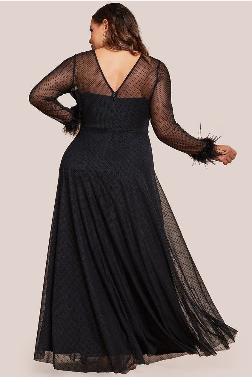 Dobby Mesh Feather Sleeve Hem Maxi Dress - Black DR4046PLUS