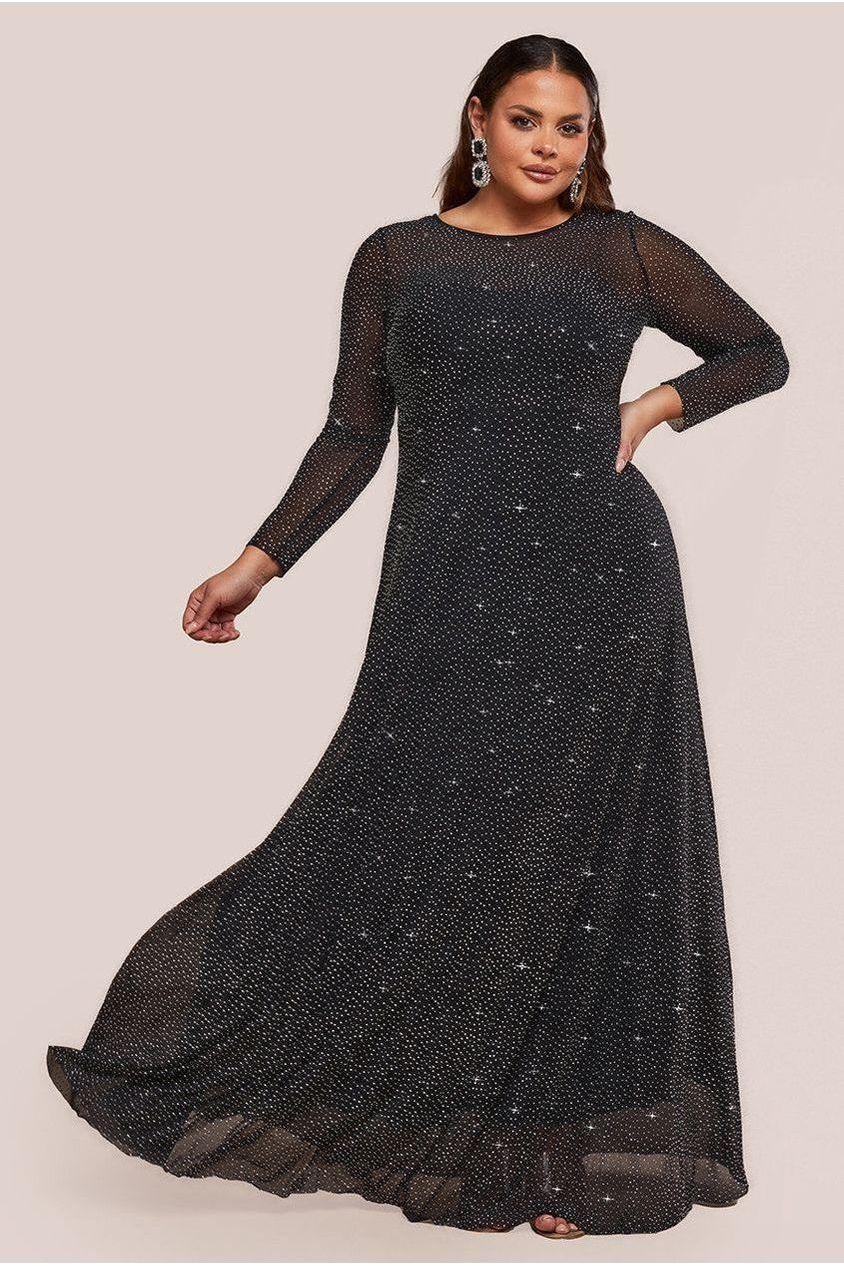 Hotfix Diamante Mesh A-Line Long Sleeve Maxi Dress - Black DR4365PLUS
