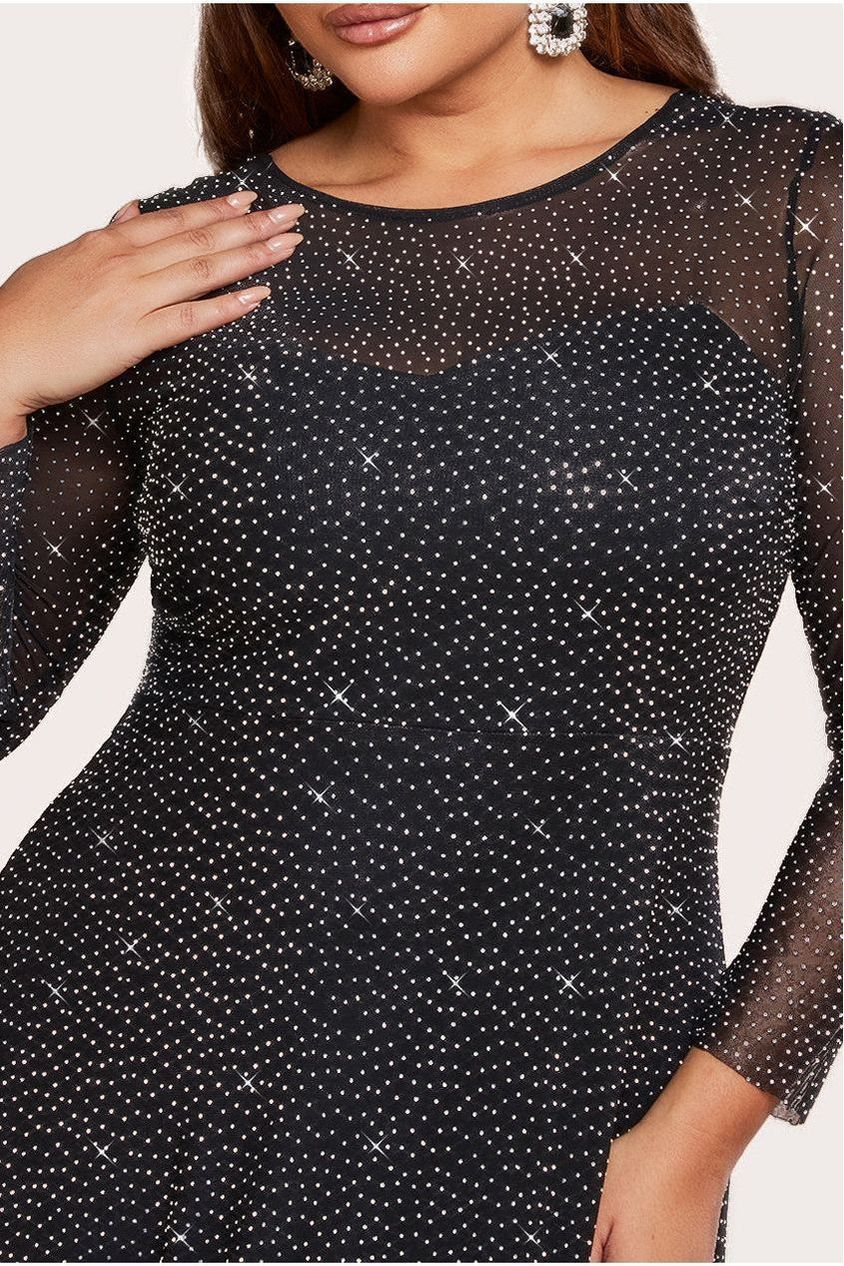 Hotfix Diamante Mesh A-Line Long Sleeve Maxi Dress - Black DR4365PLUS
