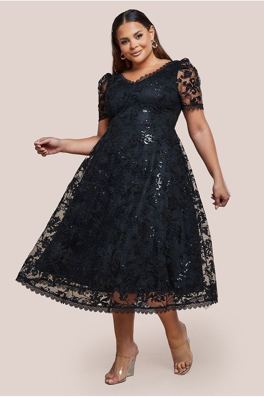Sequin Lace Short Sleeve A-Line Midi Dress - Black DR4429PLUS