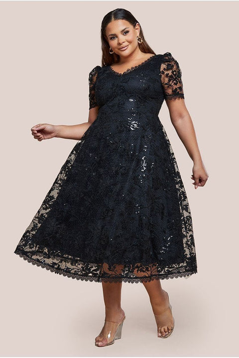 Sequin Lace Short Sleeve A-Line Midi Dress - Black by Goddiva Plus