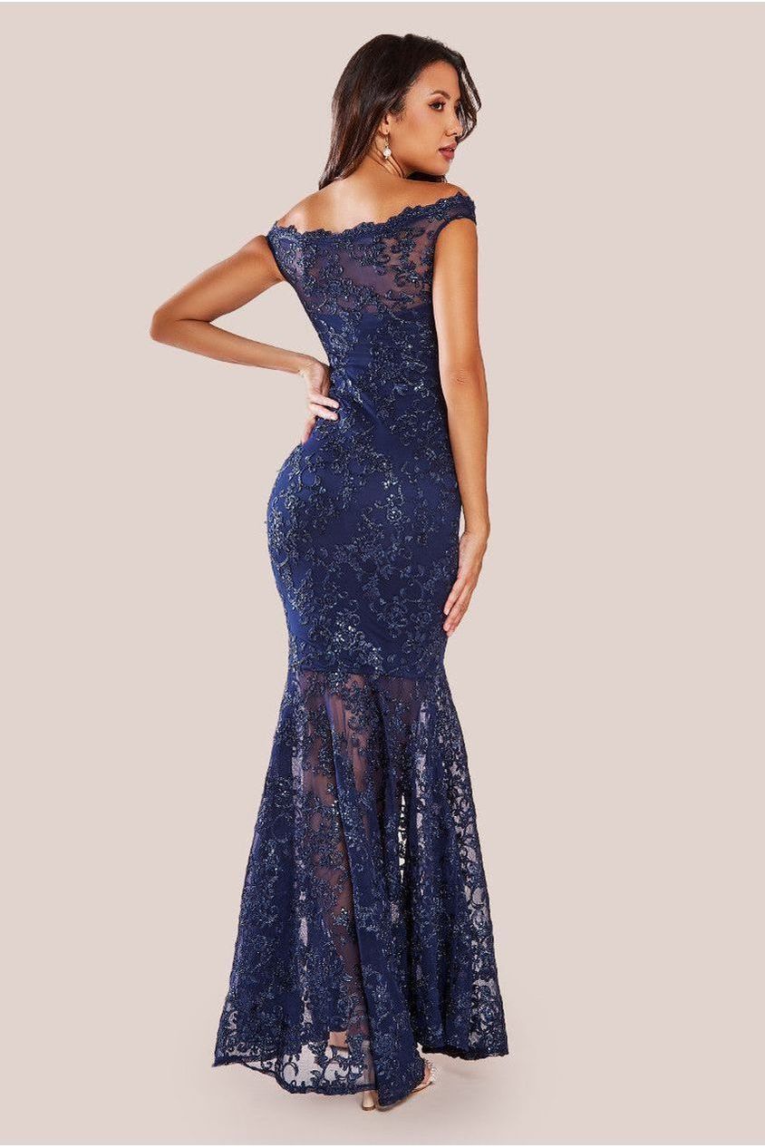 Lace Scallop Edge Mermaid Maxi Dress - Navy DR3890
