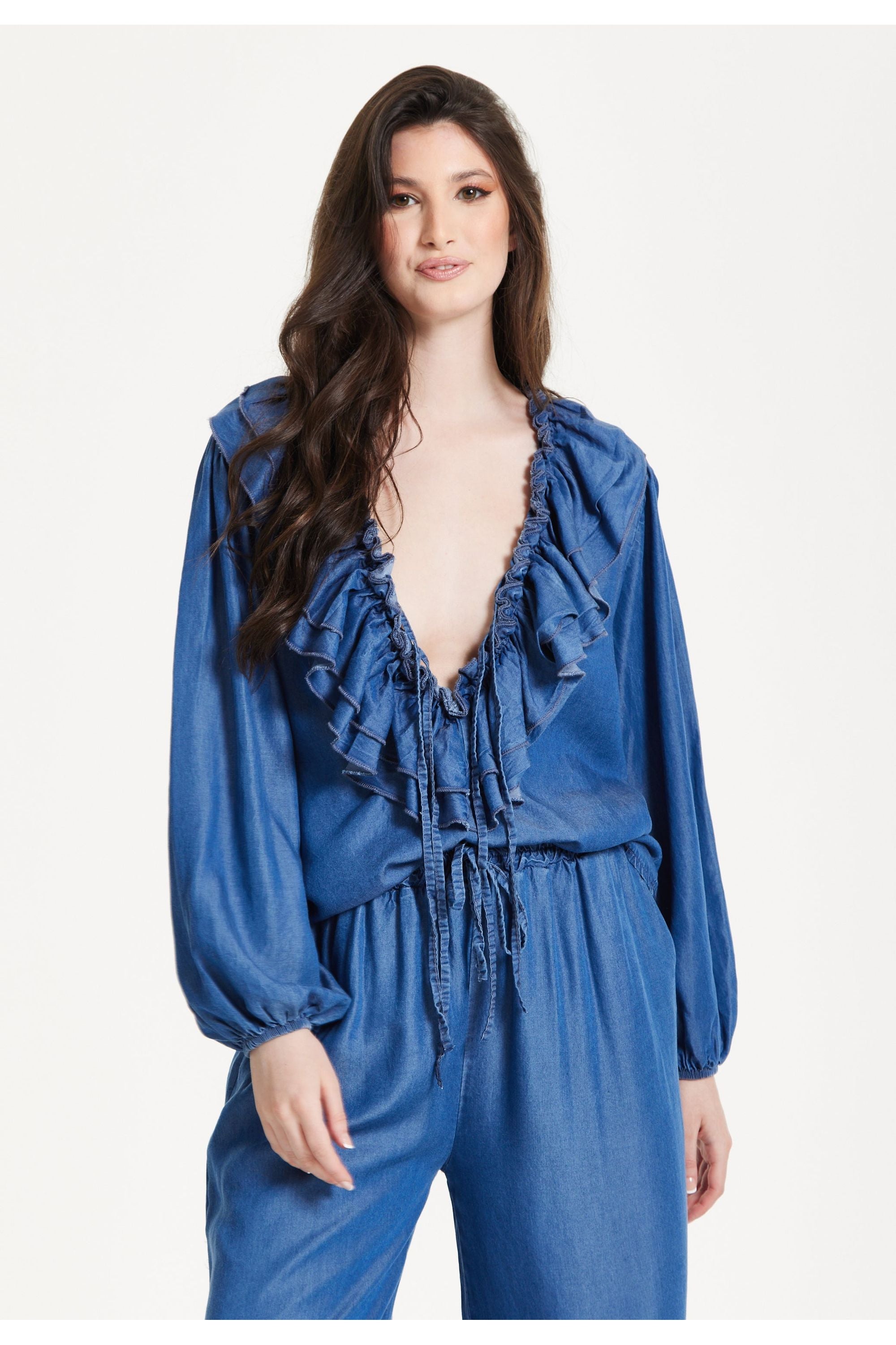 Ruffled V-Neck Long Sleeve Top 25SS8846008