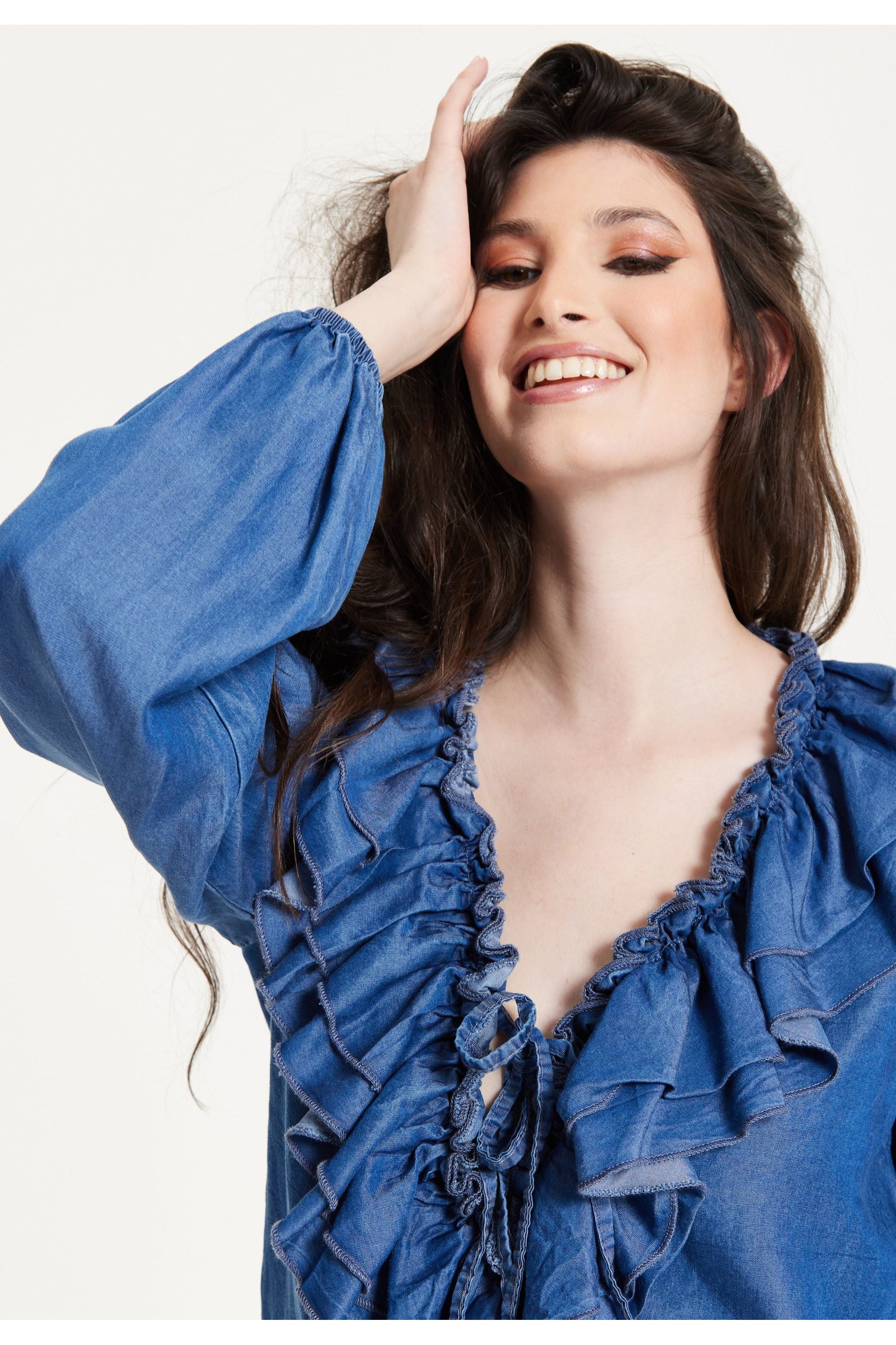 Ruffled V-Neck Long Sleeve Top 25SS8846008