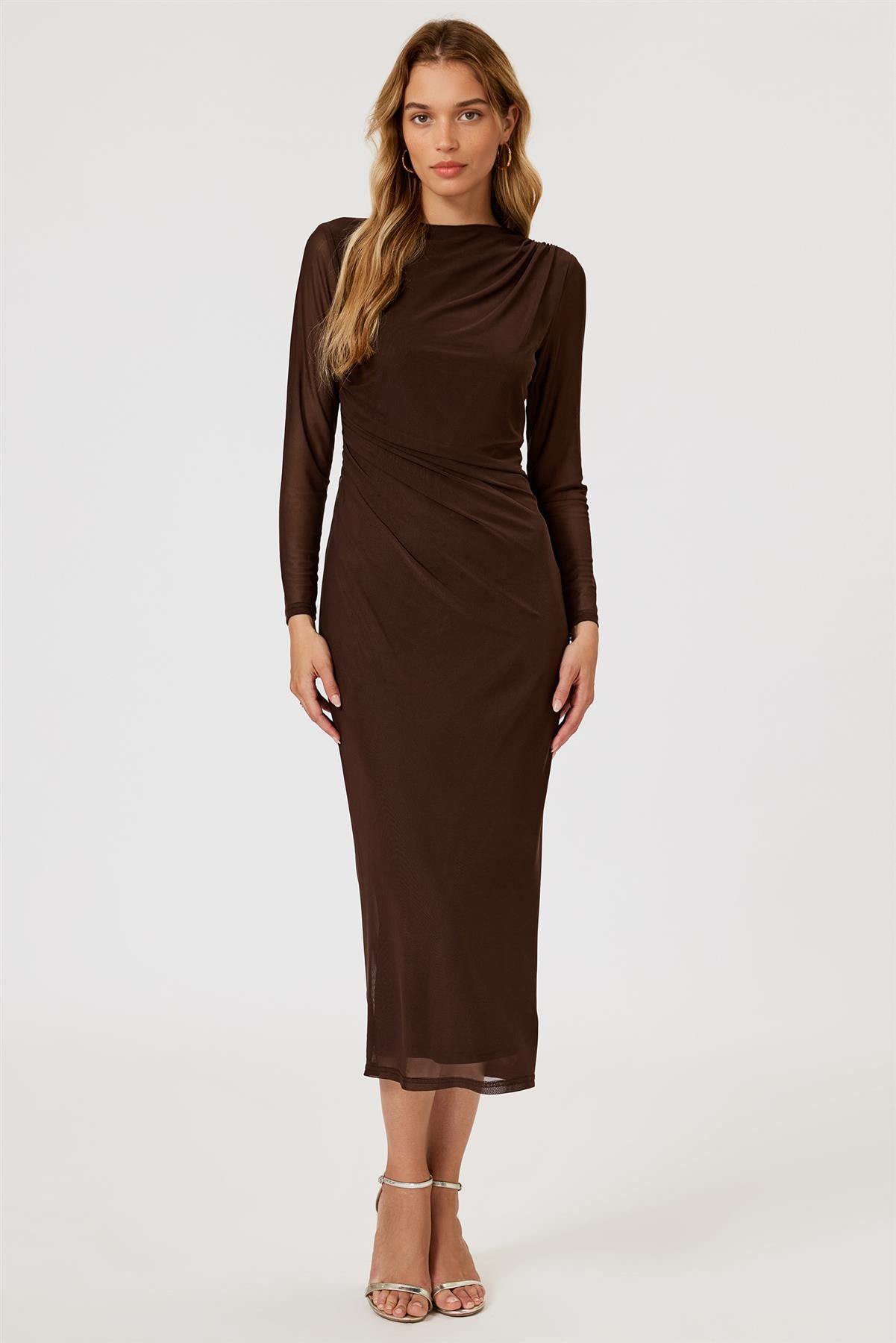 Long Sleeves Mesh Midi Dress In Brown FS776